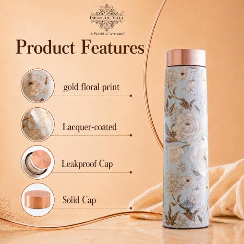 Image of INDIAN ART VILLA Copper Gold Print Copper Bottle, Copper Drinkware, 800 ML, Gold Printed White