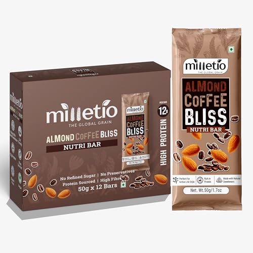 Image of Milletio Almond Coffee Bliss Nutri Bar | Pack of 12 | 12g Protein Bar | Almonds, Dates & Coffee | Gluten Free | No Refined Sugar | Fibre Source | High Protein Snack Bar | 12 x 50g (Almond Coffee Bliss)