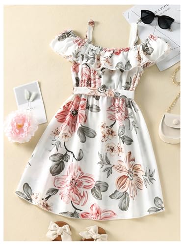 Floerns Girl's Floral Cold Shoulder Belted Dress Ruffle Sleeve A Line Short Dresses2