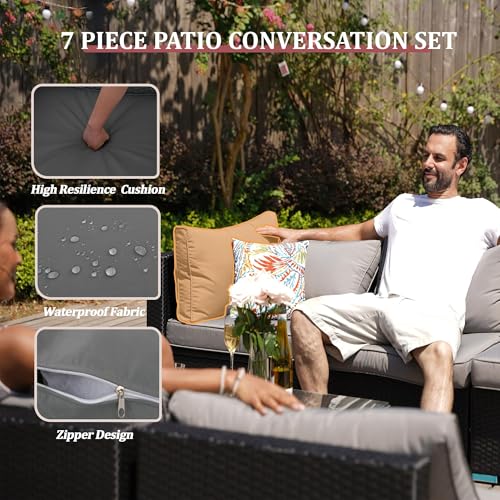 Image of 7 Piece Outdoor Sectional Outdoor Patio Furniture Set, Outdoor Patio Furniture Set with Coffee Table, Sectional Couch Sofa with Cushions, Wicker Outdoor Conversation Set for Backyard & Garden, Blue