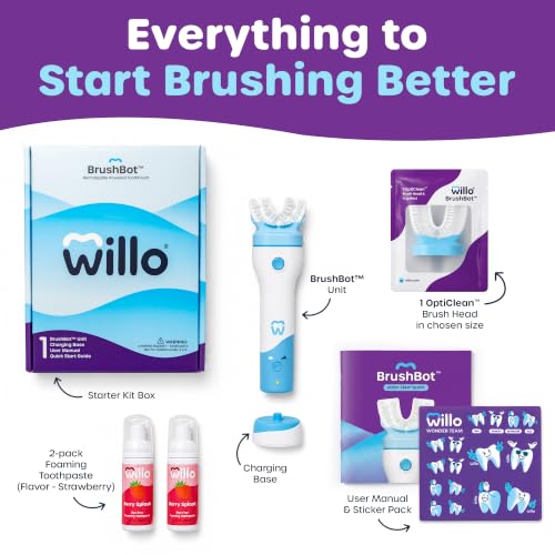 Image of Willo BrushBot Kids Toothbrush Kit, Small Berry Dye-Free | U-Shaped, Electric, Automatic, Rechargeable, with 2 Minute Timer, App Connectivity, Soft Bristles, Plaque Removal