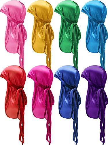 Syhood 8 Pieces Satin Baby Durags Kids Satin Durag Caps Headwraps with Long Tail and Wide Straps for 360 Waves (Bright Color)
