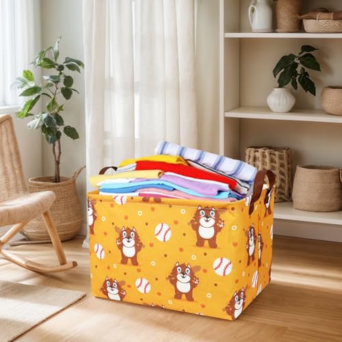 Image of Kid Cute Storage Basket Baby Gift Basket Collapsible Rectangle Canvas Storage Bin for Nursery Playroom Bedroom Decor Organizer (Cartoon Bear Baseball)