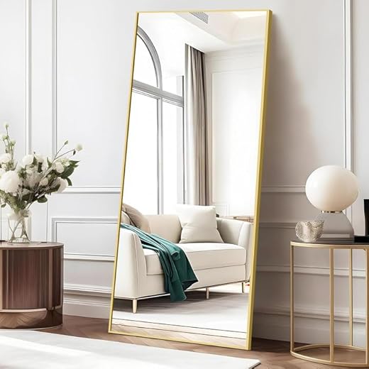 COFENY Miroir sur Pied 179 x 65 cm, Grand Miroir Mural avec Cadre en Aluminium, Miroir Mural Rectangulaire Penché ou Suspendu pour Salon, Chambre, Entrée, Or