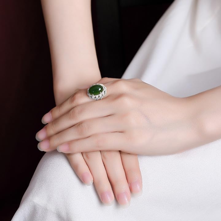 14K Gold S925 Sterling Silver Real Natural Jade and Moissanite Ring, Egg Shape Hollow Design, Elegant Jade Jewelry Gift for Her Sophistication - Image 3