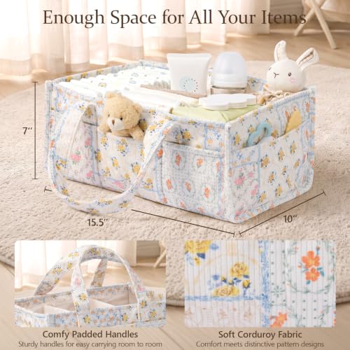 Image of Corduroy Baby Diaper Caddy Organizer with Handles, Nursery Storage Basket