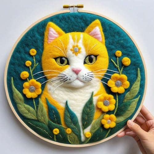 Needle Felting Kits Beginners, Cat Pattern DIY Wool Needle Felting Starter Kit, Easy Needle Felt Set with Picture Frame, Foam Pad, Felt Cloth and Instructions for Home Decoration (Yellow cat)