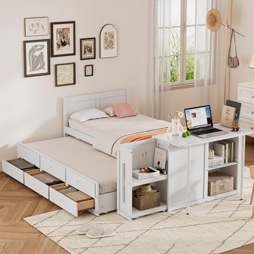 Twin Size Bed Frame with Drawers and Trundle, Solid Wood