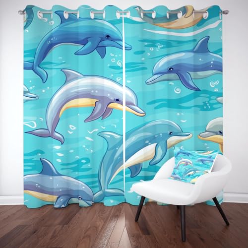 Sobhdga Rideau Isolant Thermique, Rideau Dauphin Dessin Animé Océan Bleu 70x225, Rideaux Occultant Vie Marine pour Salon Chambre, Draperies Intérieurs...