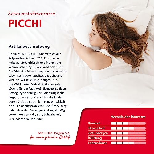 FDM Matratze 80x160 cm Härtegrad H3 Höhe 12 cm Kindermatratze Doppelseitige Schaumstoffmatratze Polyurethanschaum Hypoallergenem Waschbarem Premium-Bezug Oeko-Tex PICCHI