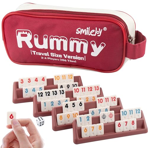 Smilejoy Mini Rummy Cube 4 Players Edition,Travel Rummy Game Set with Portable Canvas Bag,Classic Board Game for Adults and Kids |106 Tiles | 4...