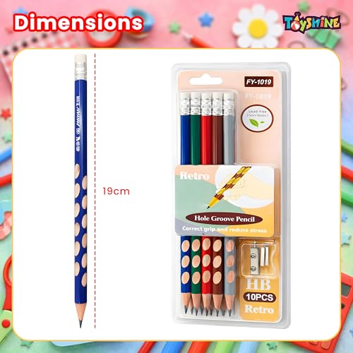 Image of Toyshine HB Pencil Set with Erasers on Top | Pack of 10 Round Hole Groove Grip Pencils with Sharpener & Pencil Cap | Comfortable Writing School Stationery for Kids & Students