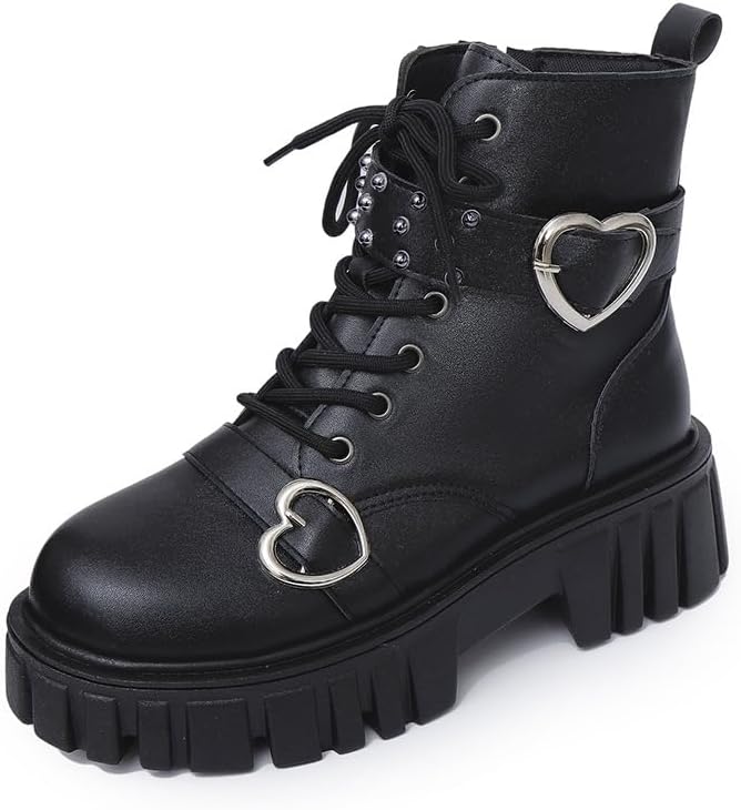 Women's Lace Up Chunky Casual Ankle Combat Boots with Heart Buckle Side Zipper Non-Slip Waterproof Goth Punk Platform Boots