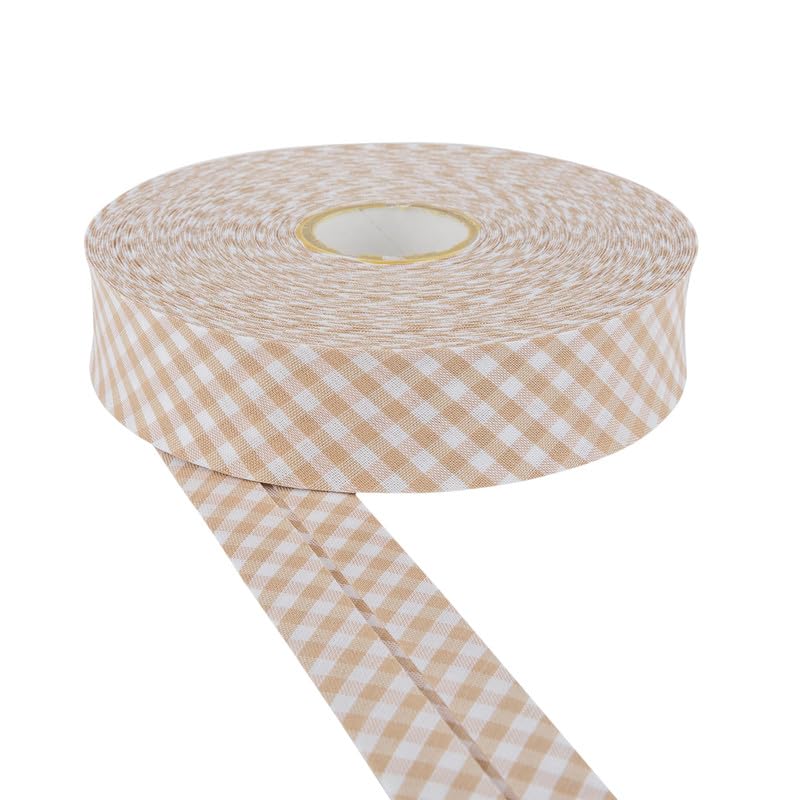 DLF 30mm Cotton Gingham Bias Binding Tape |Double Fold– 5m & 25m Options |Soft Edging for Sewing, Bunting, Crafts, Quilting, Piping & Garment Finishing(Beige, 25m)