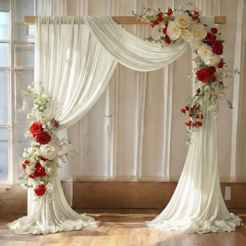 MDS Pack of 2 Wedding Arch Drape Panel (30" Width x 20ft Long) Sheer Chiffon Arbor Canopy Drapery Fabric for Wedding Ceremony Reception Decoration Party Ceiling Backdrop Curtain Swag - Ivory
