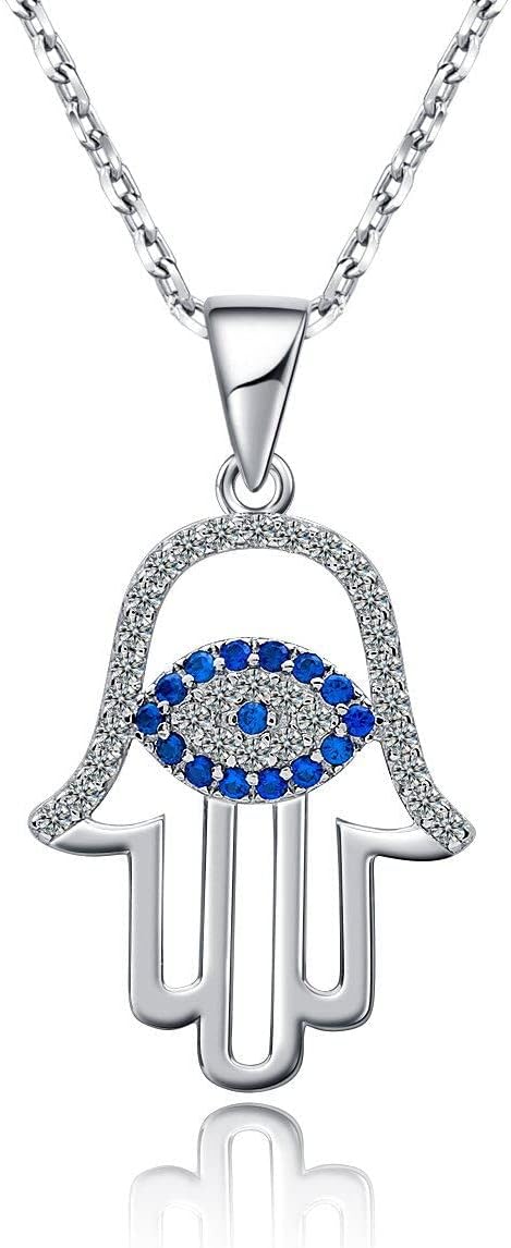 Amofa 925 Sterling Silver Evil Eye&hamsa White Blue Cz Womens Pendant Necklace