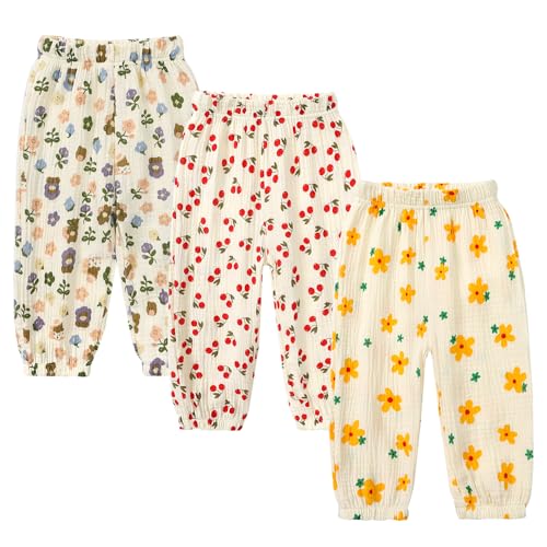 Image of Kids Tales 3 Pack Boys Girls Cotton Linen Pants Child Basic Plain Solid Trousers Big Kids Elastic Waist Long Pants Bloomers