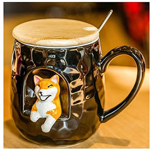 WGLL Taza Animal estereoscópica, Taza de Leche de cerámica, con Tapa de Madera y Cuchara de Acero Inoxidable, 400 ml - Imagen 3