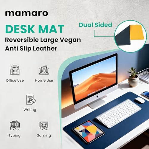 Image of Reversible Desk Mat 90x45 CM - Large Vegan Leather Office Desk Pad | Mouse Pad for Work from Home & Office | Anti-Slip Leather | Waterproof, Splash-Proof Desk Accessories (Navy Blue & Yellow)