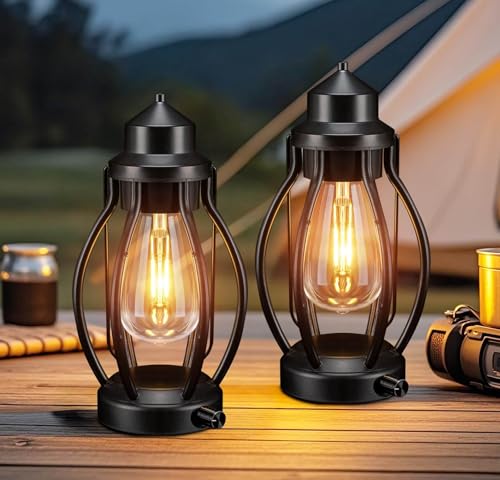 pearlstar 2 Stück Laternen für Draußen Metall Batteriebetriebene Tischlampe Vintage Dekor USB Aufladbarer Gartenlaterne Hängend LED Dimmabel Lampe für Garten Camping Indoor Outdoor Wohnzimmer