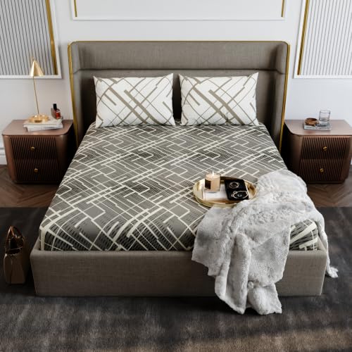 Image of Stoa Paris 100% Cotton King Size Fitted Bedsheet with 2 Pillow Covers, 180TC Printed Bedding Set, All-Season Comfort, Soft & Lightweight, Home Decor, Urbanscape - Beige Boulevard (182cmx198cm+30cm)