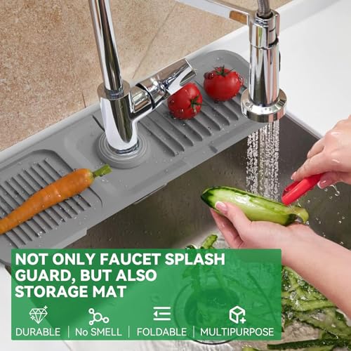 Image of Sink Mat for Faucet | Absorbent Faucet Splash Guard with Adjustable 1.5-2.7 Inch Hole | Quick-Dry, Washable Drip Catcher for Kitchen & Bathroom Sink (17.7 x 5.5 x 0.39 Inch, Dark Grey)