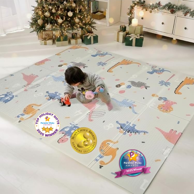 Bammax Extra Large 78" x 70" x 0.4" XPE Foam Baby Play Mat with Travel Bag | Waterproof, Foldable & Reversible Padded Playmat | Baby Crawling & Kids Play Mat – Giftable Design, Dinosaurs & Safari Animals