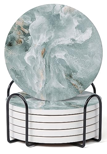 Image of Set of 6 Abstract Marble Coasters with Holder, Absorbent Ceramic Coasters for Drinks, Coasters with Cork Backing for Table Protection, Housewarming Gifts for New Home