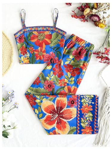 Image of Floerns Girl's 2 Piece Outfit Hawaiian Tropical Crop Cami Tops and Boho Pants Set