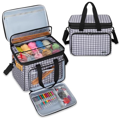 Teamoy Knitting Bag With Divider and Cover, Portable Yarn Storage Organizer for Crochet Accessories and Knitting Needles,Ideal for Knitting Enthusiasts, Grey Dots