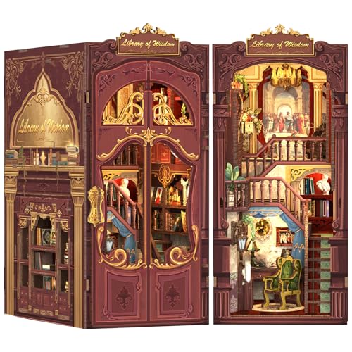 Fsolis DIY Book Nook, Casa de Muñecas con de y Luces LED, Kit de Inserción de Estantería de Casa de Libros, Kit de Modelo de Casa de Libros de Arquitectura para Adultos(Library of Wisdom)