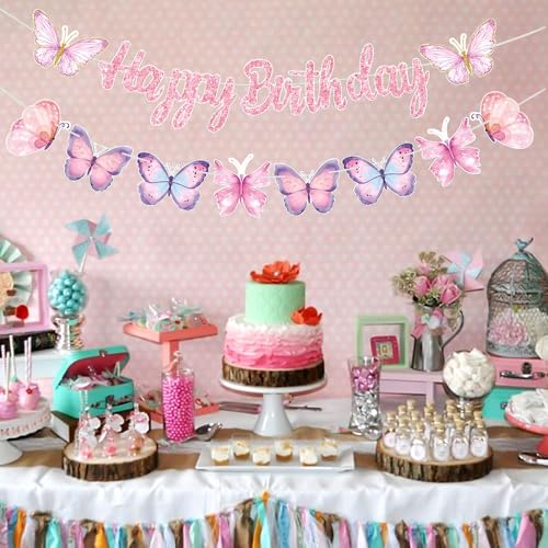 Image of Yajuo Pink Butterfly Birthday Banner, 63 inch x 23.6 inch, Fade Resistant, Lightweight, Women /Girls /Teen Girls