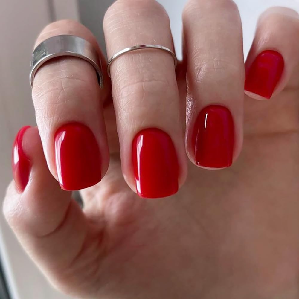Stbisen Press on Nails Short Square, True Red Fake Nails Kit, Fashion Glossy Acrylic Press on Nail, Natural Stick on Nail, Thick Reusable Glue on