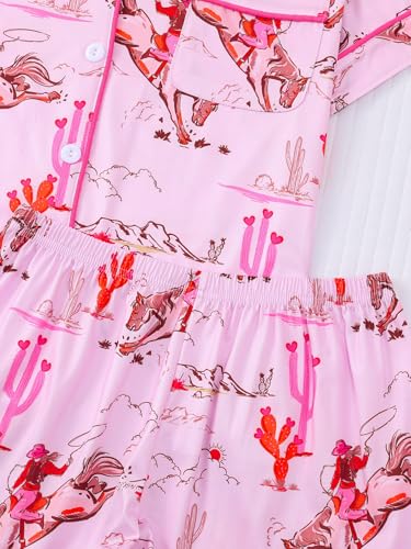 Image of RONGTAI Womens Pajama Sets Button Down Short Sleeve Western Horseman and Cacti Print Lapel Shirt with Pocket Matching Pj Shorts Two Piece Loungewear Set Pink S