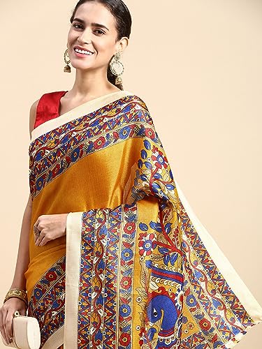 Image of RANI SAAHIBA Women's Art Silk Kalamkari Saree With Blouse Piece