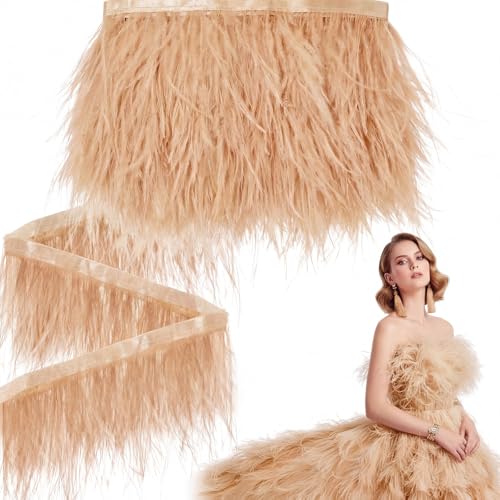 Janinka 10 Yards Champagne Ostrich Feathers Trims 3-4 Inch Feathers Fringe Trim Ribbon for DIY Dress Sewing Crafts Halloween Costumes Accessories
