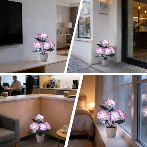 Image of Pink Artificial Hydrangea LED Flower Pot - Lighted Floral Decor for Wedding, Christmas, Bar Coffee Shop Home Decor, Battery-Operated Night Light, Gift for Women