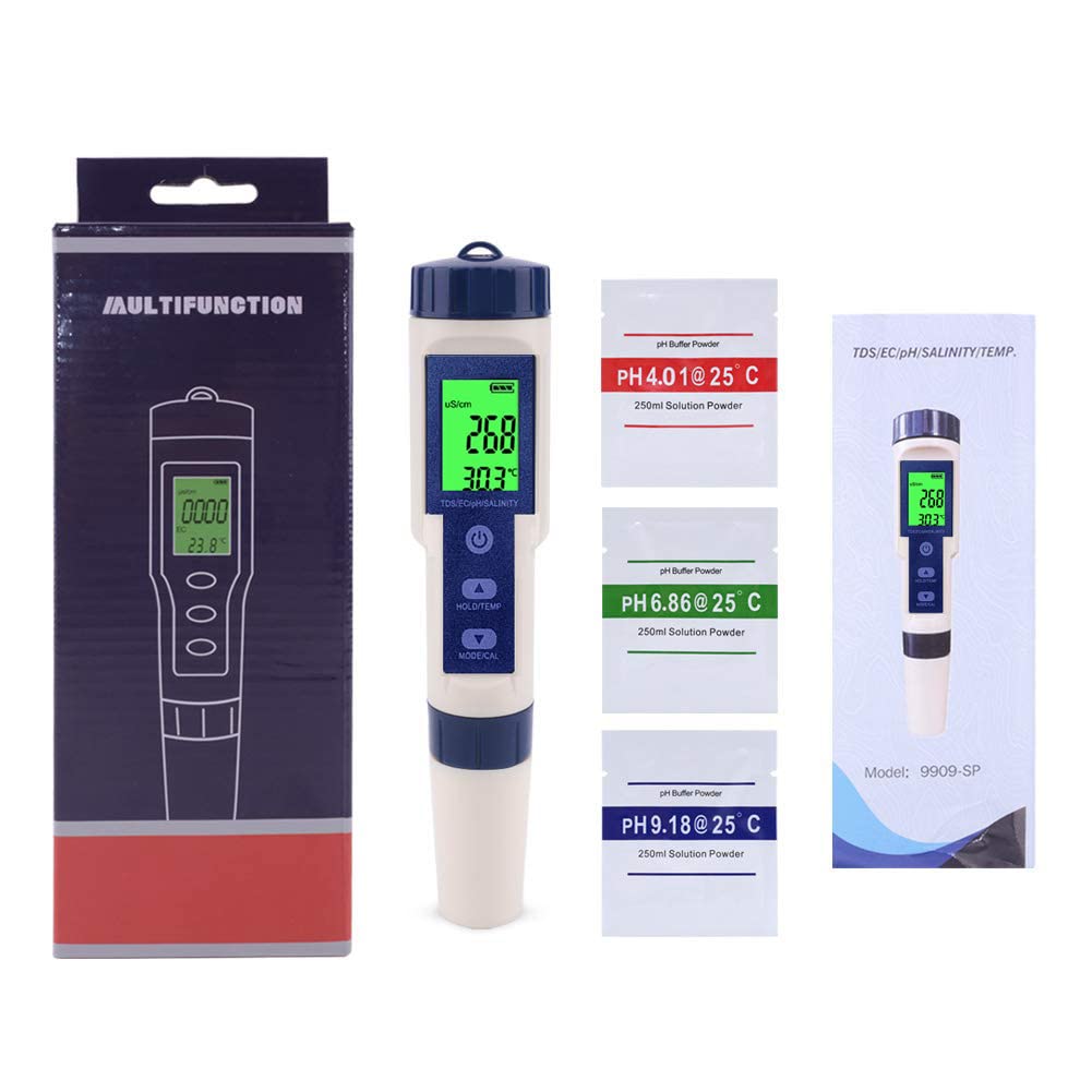 WANGCL 5-in-1 lcd-digitale pH-meter, waterdicht, kwaliteitstester, chloortester, bodemtestset voor tuin, met automatische temperatuurcompensatie – PH/TDS/EC/SALT/TEMP WANGCL 5-in-1 lcd-digitale pH-meter, waterdicht, kwaliteitstester, chloortester, bodemtestset voor tuin, met automatische temperatuurcompensatie – PH/TDS/EC/SALT/TEMP