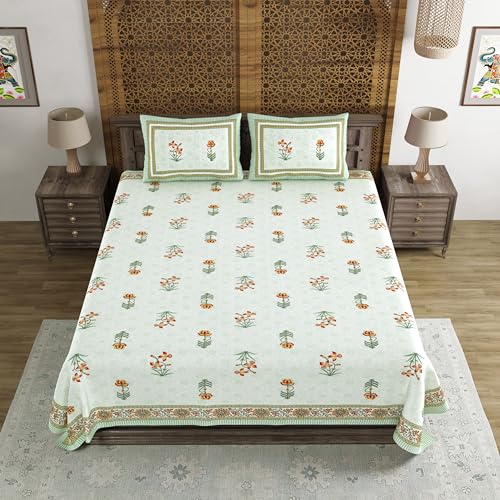 Image of BLOCKS OF INDIA Hand Block Printed 200 TC Cotton King Size Bedsheet (Green RED Flower)