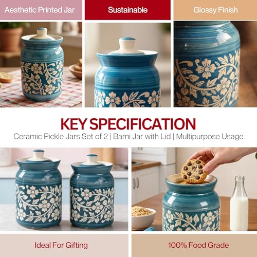 Image of Sky Blue Floral Ceramic Handglazed Pickle Jars Set of 2-1000 ML Each | 1 kg Achaar Martban Barni Jar with Lid | Ceramic Storage Jar Container Pickle, Chatney