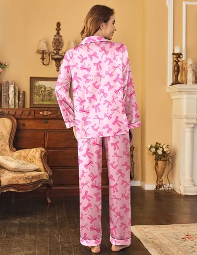 Image of Ekouaer Womens Satin Pajama Set Classic Pattern Silky Pj Sets Button Down Sleepwear Loungewear