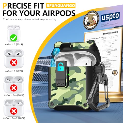 Image of RFUNGUANGO for Airpods 2nd and 1st Generation Protective Cases Automatic Pop-up with Safety Lock Clip, Full Body Shockproof Hard Case with Keychain (Cleaning Tool)-Rainforest Camouflage