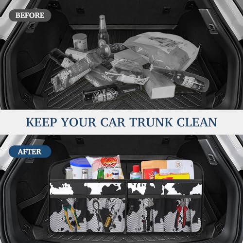 Image of Femuar Car Trunk Organizer, Cow Print, Vintage Style, 52L Capacity, 4 Compartments, Waterproof, Non-Slip, Collapsible, 22.5 inchD x 18 inchW x 10.8 inchH