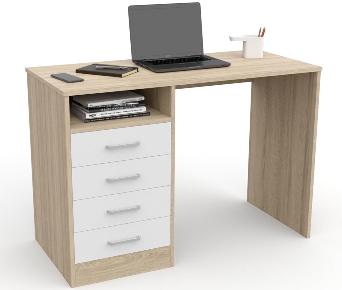 DORMIDAN- Escritorio 4 Cajones, Mesa de Oficina, Despacho Ordenador, (Roble cajones Blancos)