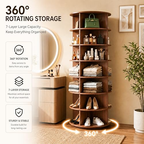 Image of 360 Rotating Multipurpose Storage Cabinet - Laminated Engineered Wood Organizer Rack | Space-Saving Rotating Shelf for Bedroom, Living Room, Dressing Area & Bathroom (Teak Brown, 7-Tier)