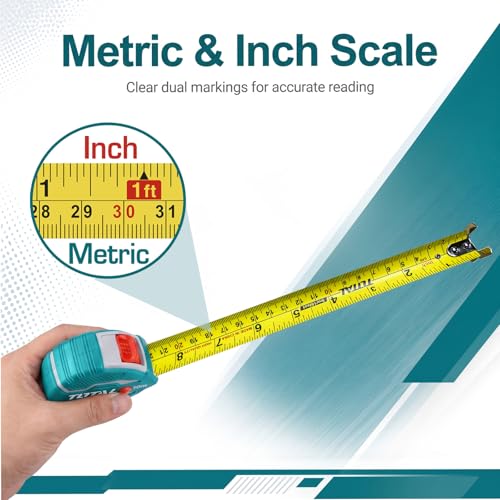 Image of TOTAL 3m x 16mm Steel Heavy Duty Measuring Tape with Double Sided Metric & Inch Scale, 3 Lock Buttons, Matte Anti-Glare Blade, Shockproof Rubber Case with Belt Clip Tape Measure for Construction Use