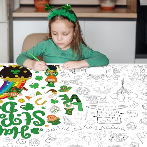 Image of QZYL 54 inch x 108 inch Coloring St Patricks Day Crafts, Giant Coloring Table Cloth for Kids, Painting Poster Art Activities Banner Disposable St Patrick's Day Crafts for Home Classroom St Paddys Decorations