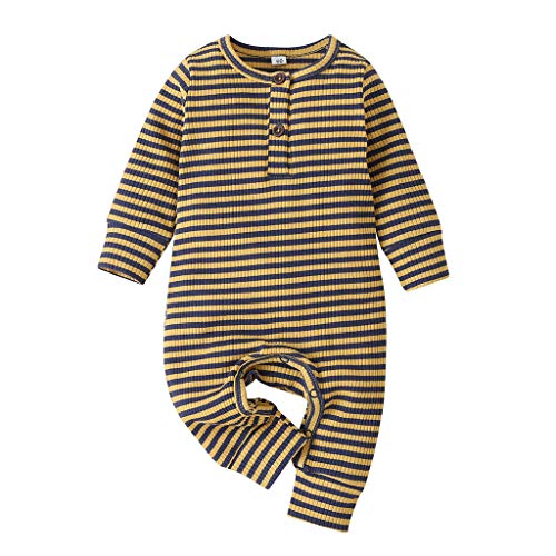 BPANG Infant Baby Girl boy Ribbed Romper One Piece Jumpsuit Long Sleeve Outfit Newborn Sunsuit Bodysuit Cotton Clothing (Stripe-Yellow Blue, 9-12 Months)
