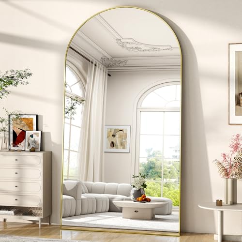 BEAUTYPEAK Espejo de pie arqueado de 200 x 90 cm, con soporte para dormitorio, salón o vestidor, color dorado