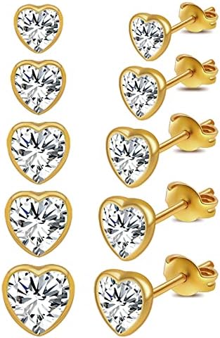 iLovey 18K Gold Plated Silver Stud Earrings Set for Women, 5 Pairs Surgical Steel Hypoallergenic Earrings for Women Men Girls Comfortable Cubic Zirconia Cartilage Piercing Earrings Pack Jewelry Gifts